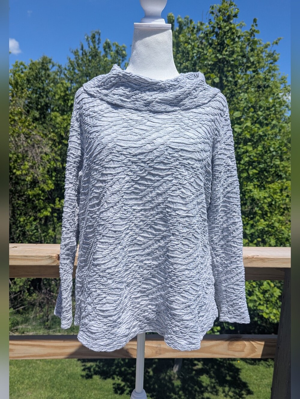 Habitat Large Cowl Neck Top Textured Long Sleeve Stretchy Heather Gray White